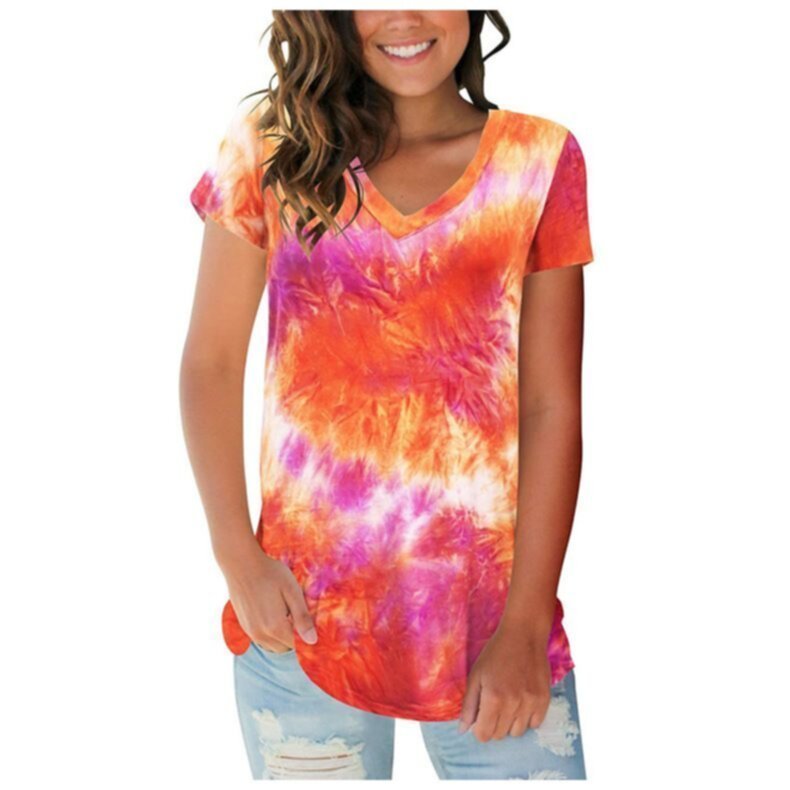 Summer New Tie Dye V-Neck Women T-Shirt 